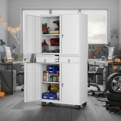 73'' Metal Storage Cabinet with Wheels, Heavy Duty Garage Storage with 4 Lockable Doors, 2 Drawers and 2 Adjustable Shelves for Home,Office,Warehouse,Garage