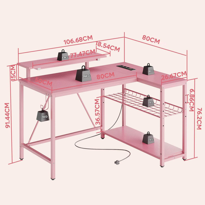 L-Shaped Metal Base Computer Desk, Pink