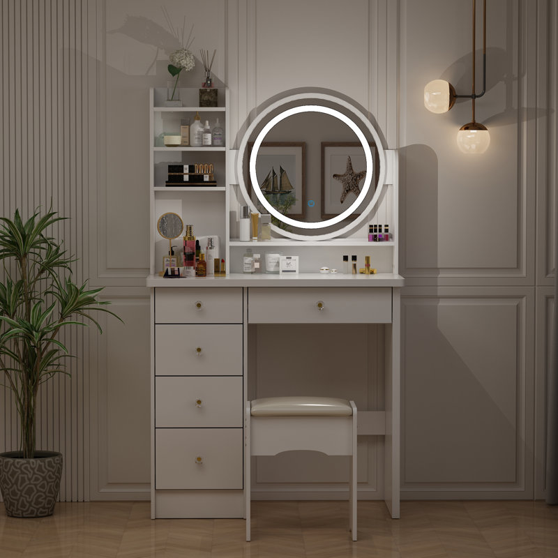 Ensemble de meuble-lavabo avec miroir lumineux et tabouret à DEL, bureau de maquillage réglable à 3 couleurs avec rangement pour chambre à coucher
