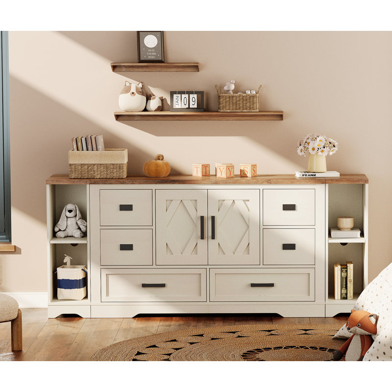 Laziza Modern Farmhouse 73.5" Wide Wood Barn Door Sideboard Buffet Cabinet With 6 Drawers And Open Sideboard Shelf