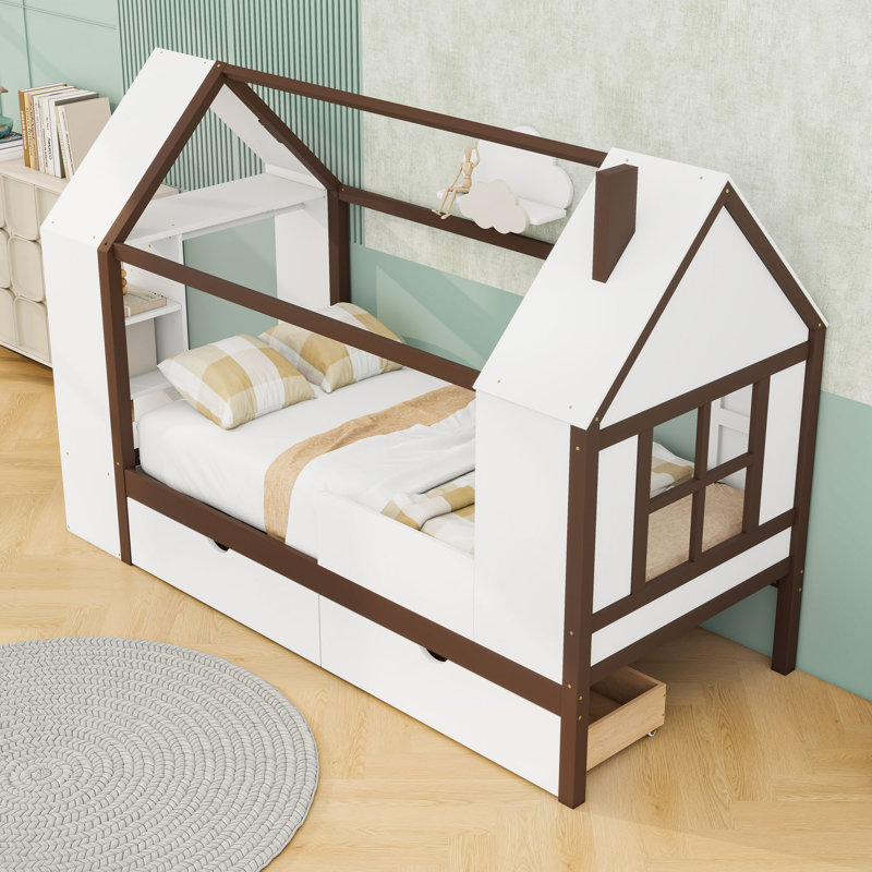 Lit plateforme House avec tiroirs et tablettes, Blanc espresso
