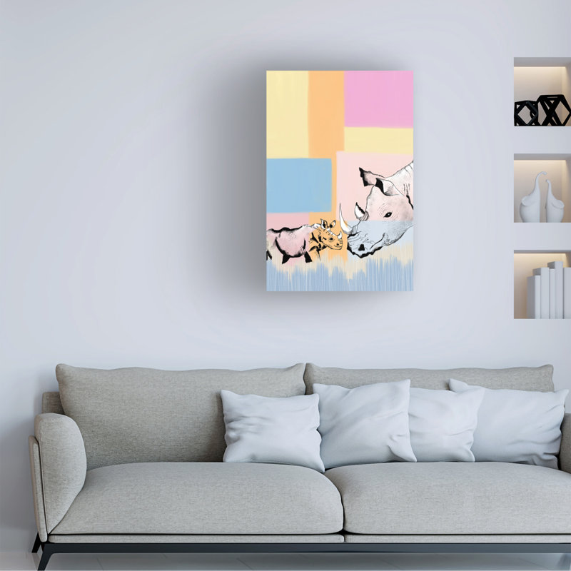 Meleshnie Govender, maman rhinocéros et bébé sur toile, H 32 po x l 22 po x P 2 po