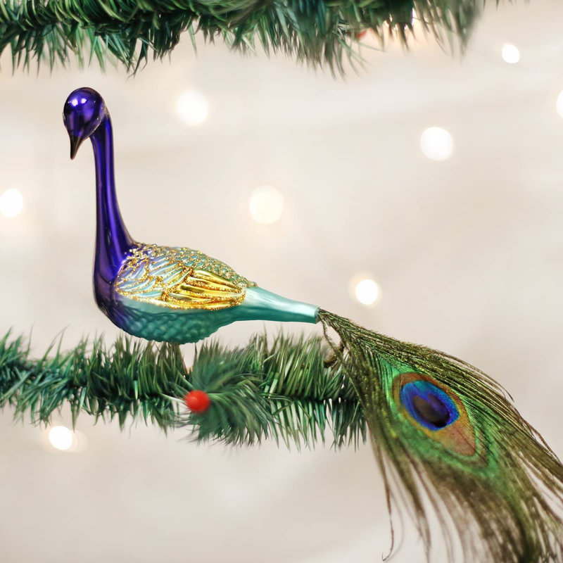 Elegant Teal and Gold Glass Peacock Tree Topper