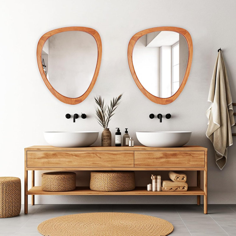 Asymmetrical Solid Wood Framed Wall Mirror, 30" H x 19" W