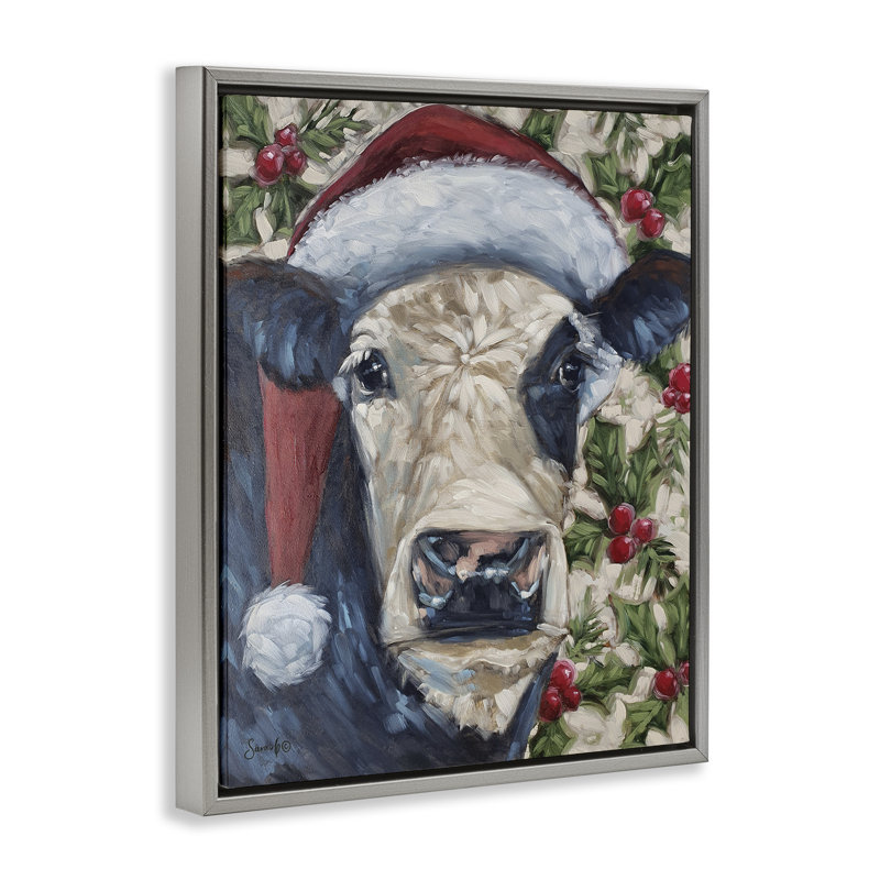 «Cow with Festive Holly», art mural encadré sur toile flottante par Sara G. Designs, Cadre flottant gris lustré