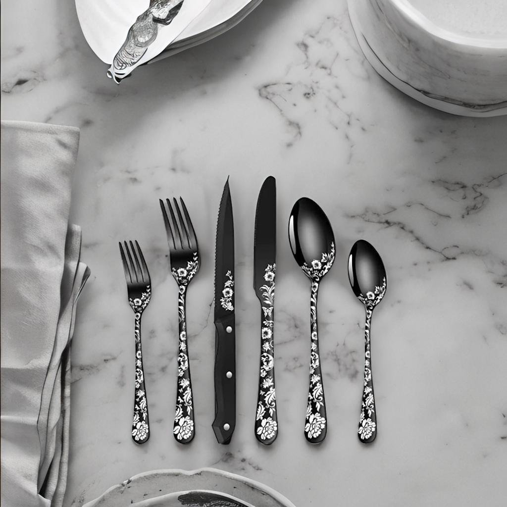 24-Pcs Black Butterfly Silverware Set Service for 4 Stainless Steel Flatware  Set