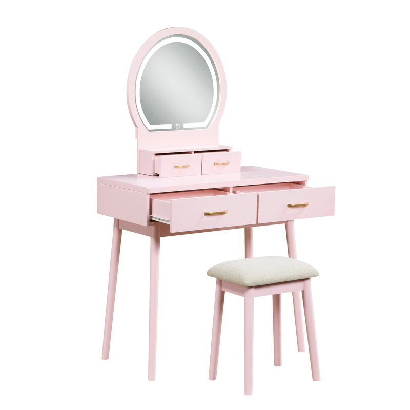 Graceful Pink Vanity Dresser With Stool And Mirror - Bedroom Attractive Storage, Pink