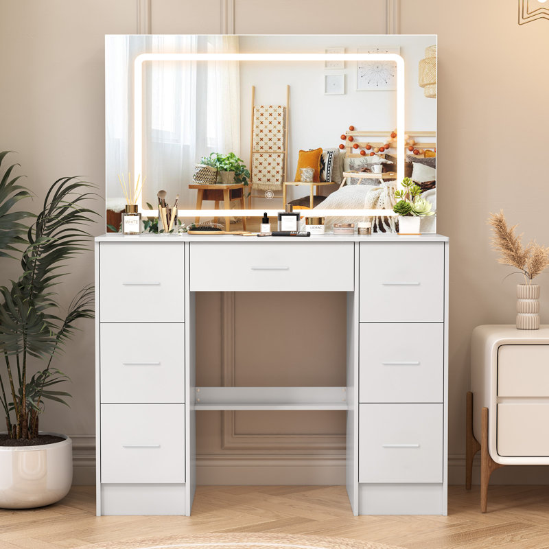 Ensemble de meuble-lavabo avec grand miroir et table de maquillage avec 7 tiroirs, blanc
