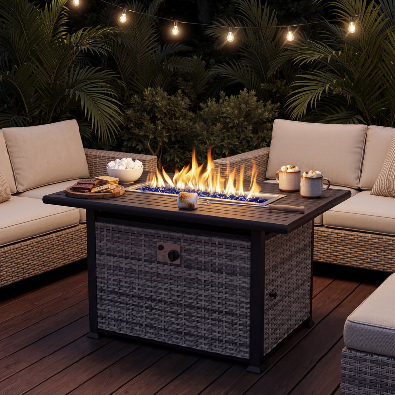 43.3'' Outdoor Propane Fire Pit Table, 55,000 BTU, Aluminum Tabletop & All-Weather HDPE Wicker Base, Includes Black Rain Cover
