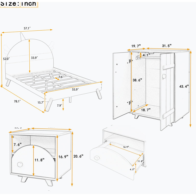 Ensemble de chambre avec lit plateforme 3 pièces, Double