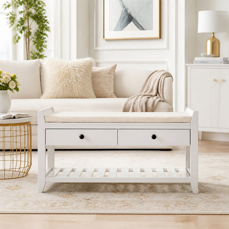 Banc de rangement d'entrée en bois avec siège rembourré et deux tiroirs pour une organisation optimale des chaussures, Blanc