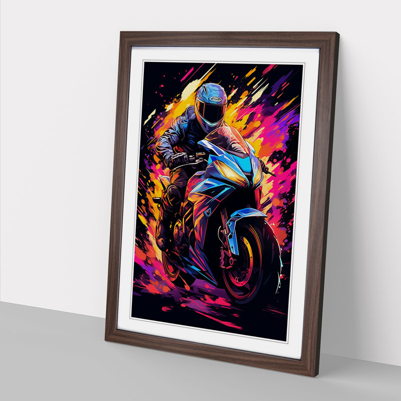 Motorbike Digital - Single Picture Frame Print on Wood, 64cm H x 46cm W x 2cm D, Walnut Framed