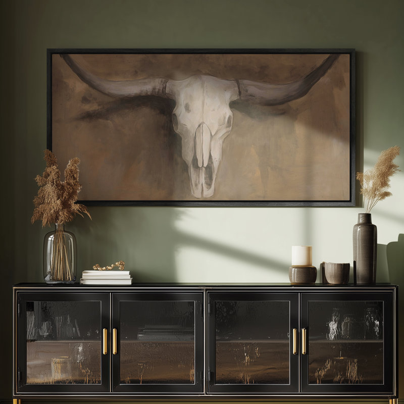 «Western Longhorn Skull», reproduction d'art sur toile rustique, Noir, H 30 po x l 60 po