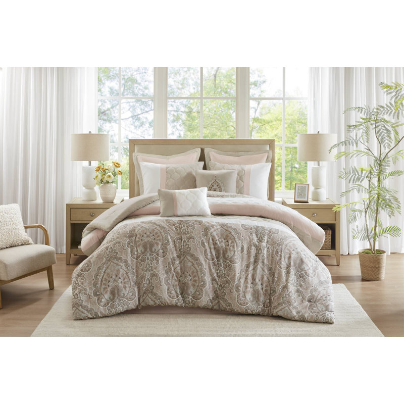 Shawnee 8-Piece Microfiber Damask Comforter Set, King Comforter + 7 Additional Pieces, Blush