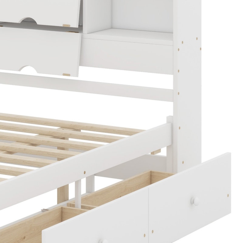 Platform Bed With Storage Headboard And 8 Drawers, Queen, White