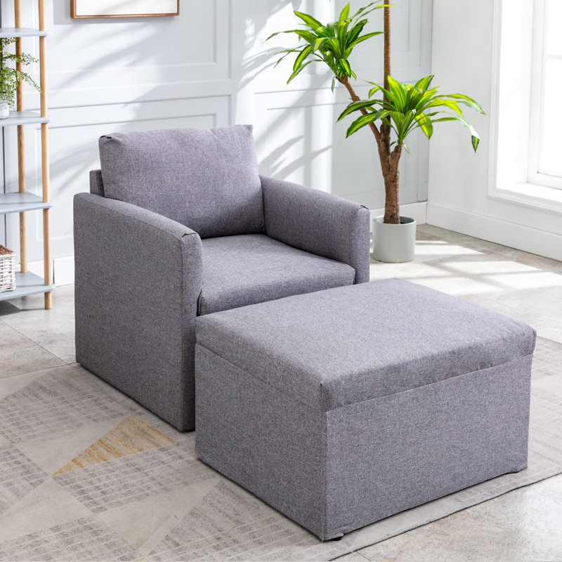 Upholstered Linen Club Chair With Footstool, Dark Grey