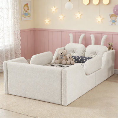 Upholstered Platform Bed with Removable Side Rails and Rabbit Cushion, for Kids' Rooms and Safe Sleeping