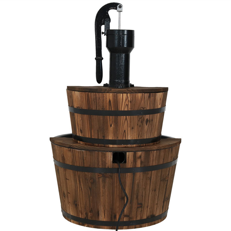 34" Rustic Fir Wood 2-Tier Barrel Water Fountain with Metal Hand Pump