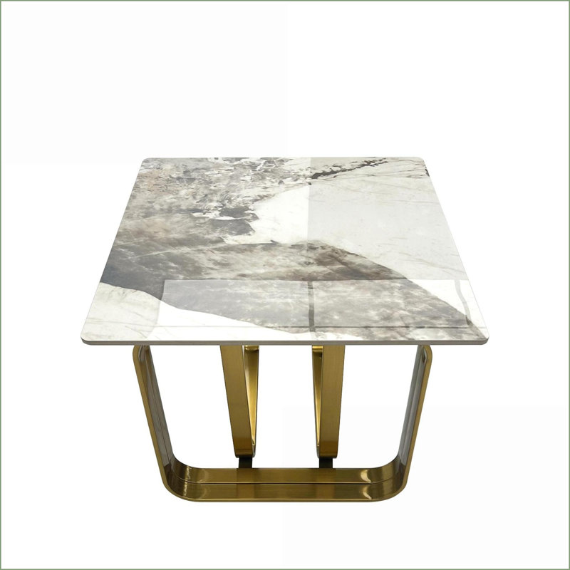 Table basse en pierre frittée avec structure en métal doré pour le salon, facile à nettoyer et résistante aux égratignures