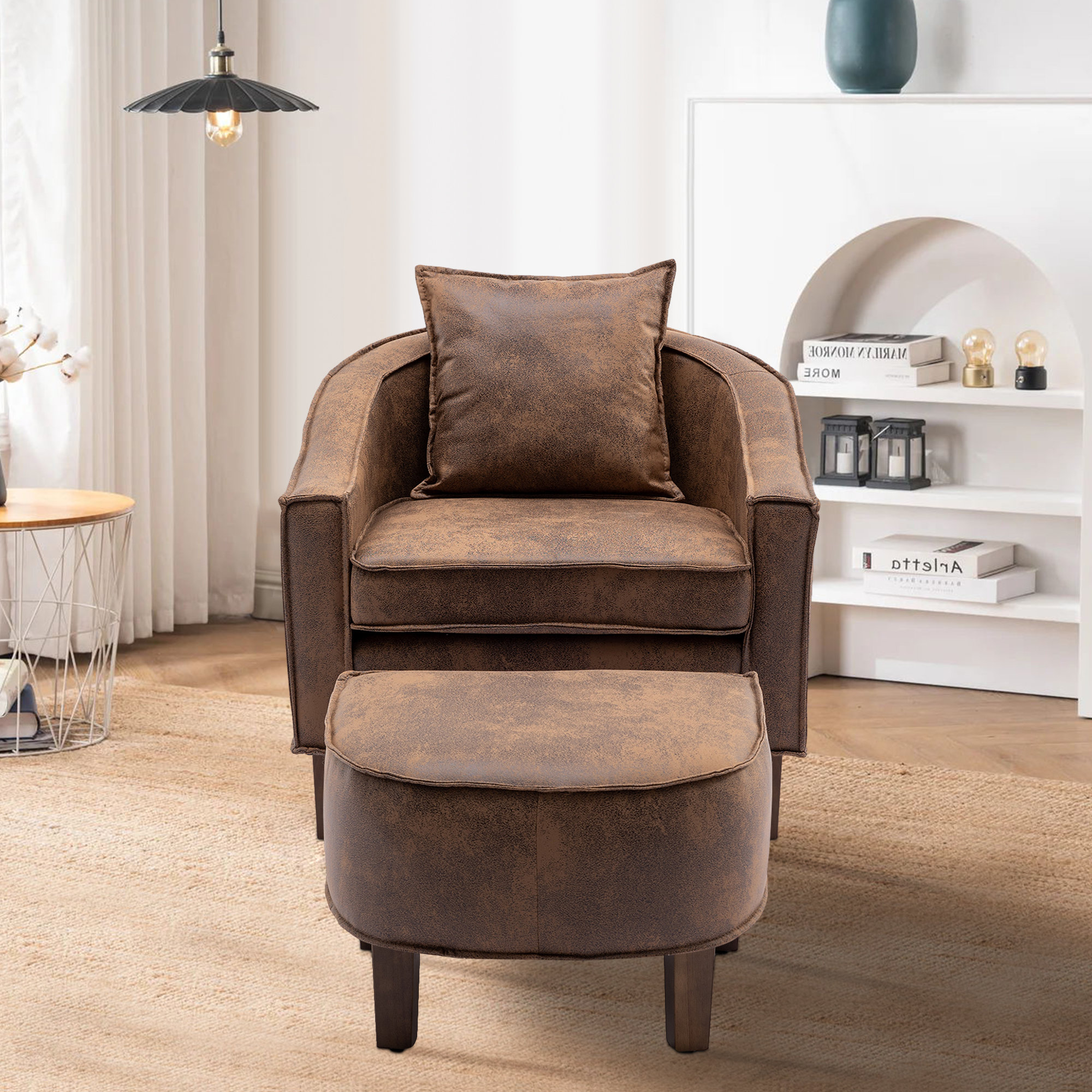 Upholstered Linen Barrel Chair with Ottoman Latitude Run Fabric: Beige 100% Linen