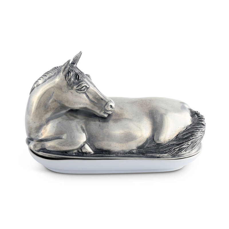 Equestrian Pewter Horse Butter Dish with Stoneware Plate