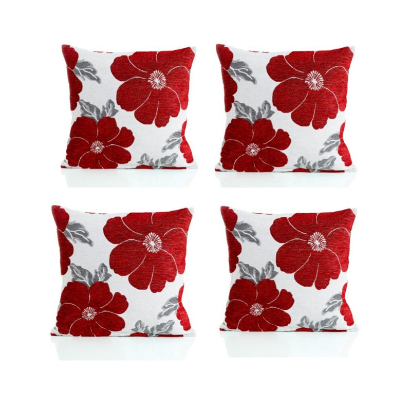 Darionte Poppy Chenille Cushion Cover with Filler Pad, 45 cmH x 45 cmW, Red