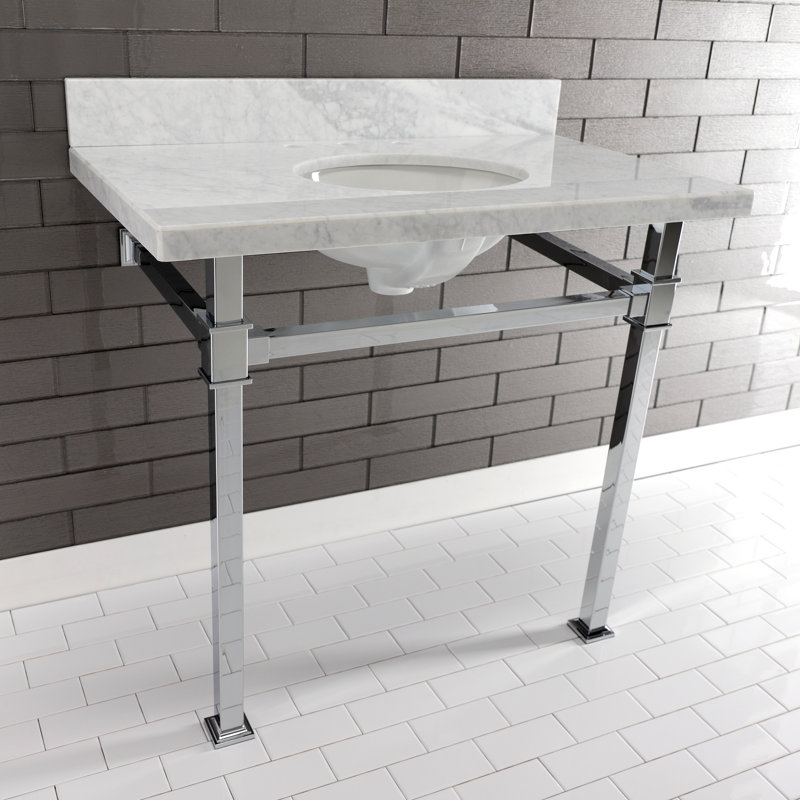 Kingston Brass Monarch 36-Inch Carrara Marble Console Sink with Stainless Steel Legs (8-Inch, 3-Hole)