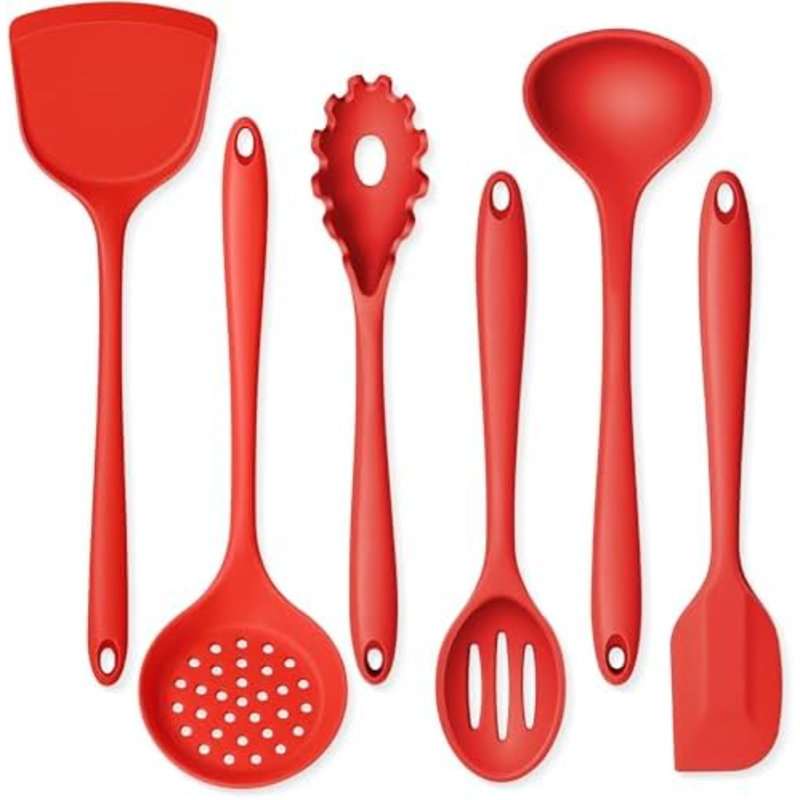 Ensemble d'ustensiles de cuisine en silicone, rouge, 6 pièces, résistant à la chaleur, compatible avec les revêtements antiadhésifs et non toxique.
