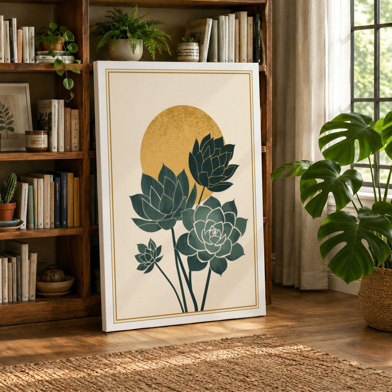 Layered Lotus Blooms Botanical - Wrapped Canvas, 18x12 - 45.7 x 30.5 cm, Taupe Border
