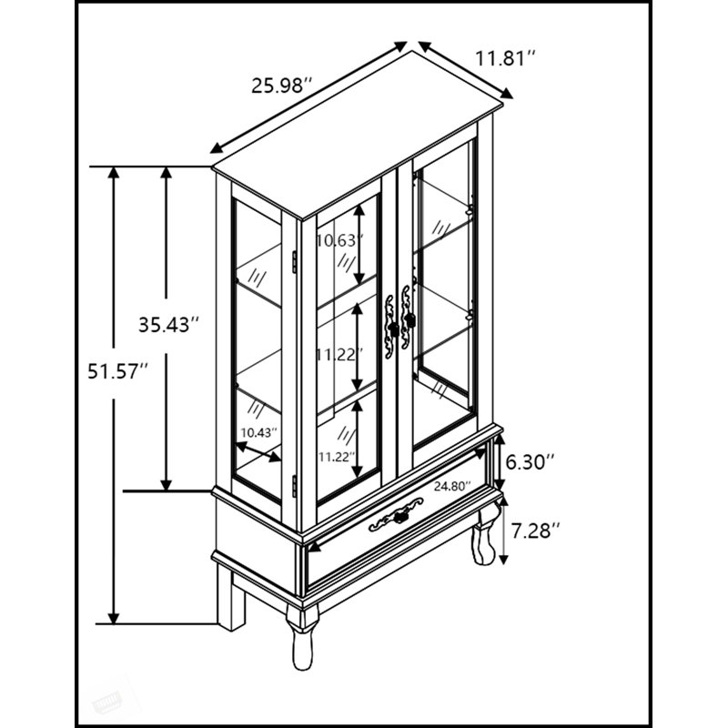 Armoire vitrée élégante en verre avec tablettes réglables, éclairage interne et tiroir rétro pour présentation et rangement
