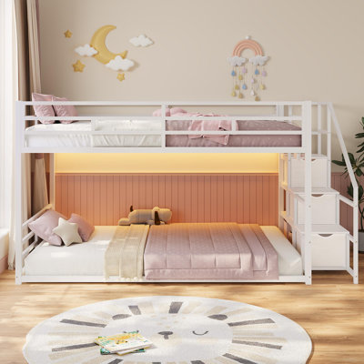Low Bunk Bed With Storage Staircase, Drawers And Shelves, Led Lights, Power Outlet, Full-length Guardrail, For Small Space