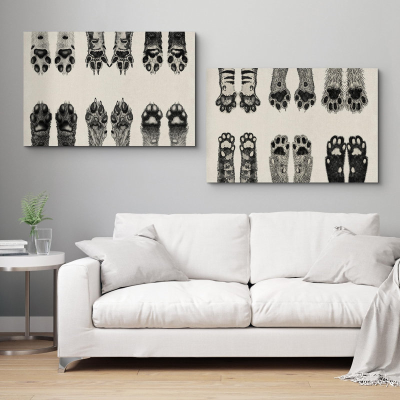 Animaux, chien et chat, mignonnes pattes d'animaux, décor de chambre de bébé rétro - 2 pièces, Toile tendue