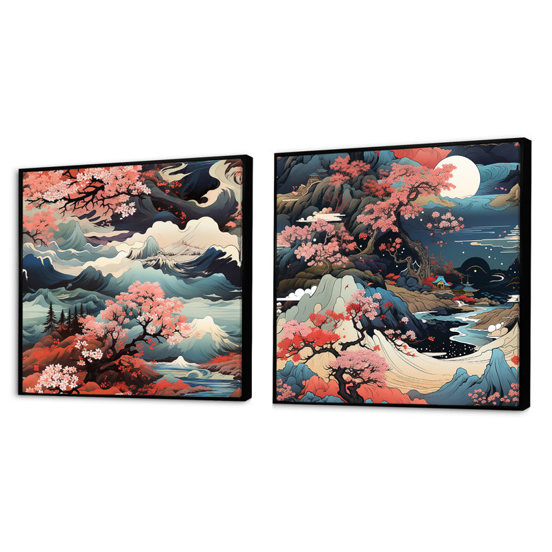 Mountain Ukiyo E - Paysages abstraits, ensemble de 2 carrés carrés, Cadre flottant noir, H 16 po x l 33 po