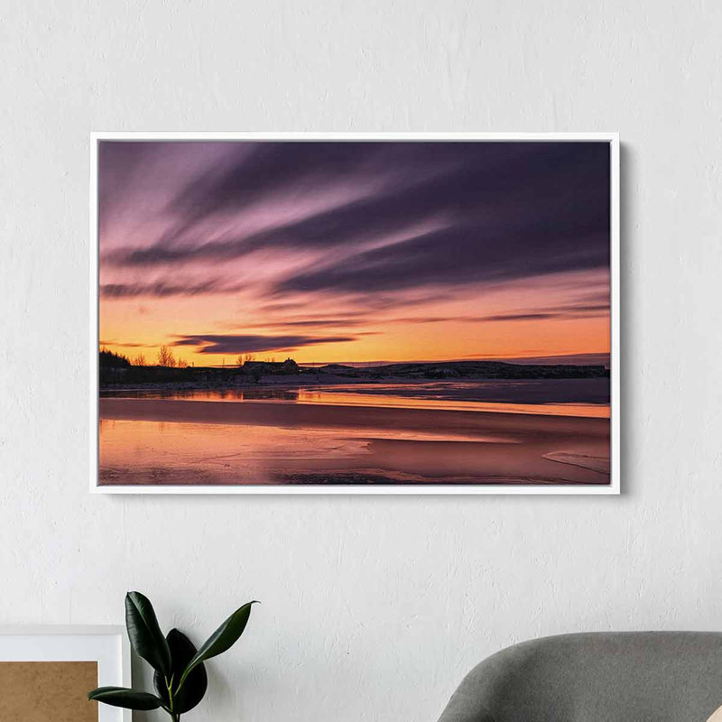 Wewoka, coucher de soleil mauve, toile sur toile 9906, H 12 po x l 16 po, Cadre flottant blanc