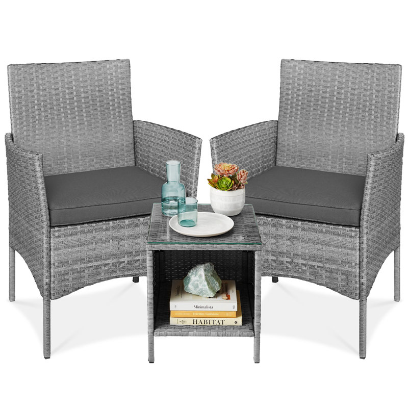 Nasrul 3-Piece Outdoor Wicker Conversation Patio Bistro Set, w/ 2 Chairs, Table, Gray, Gray