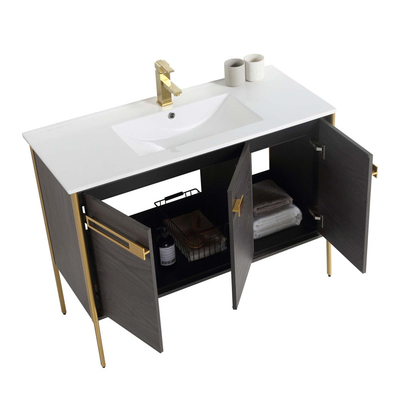 42" Single Bathroom Vanity, Black Coal Oak, Satin Brass