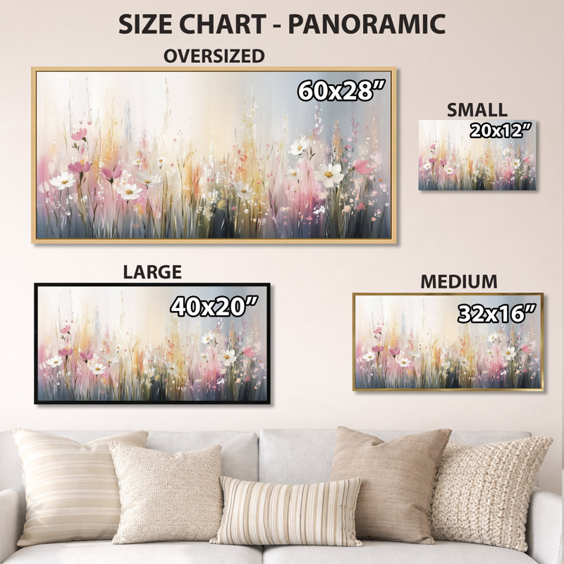 Grey Pink Spring Bloom Meadows – Grey Wildflower Framed Wall Art, Fresh Canvas Prints, White Floater Framed, 20" H x 40" W