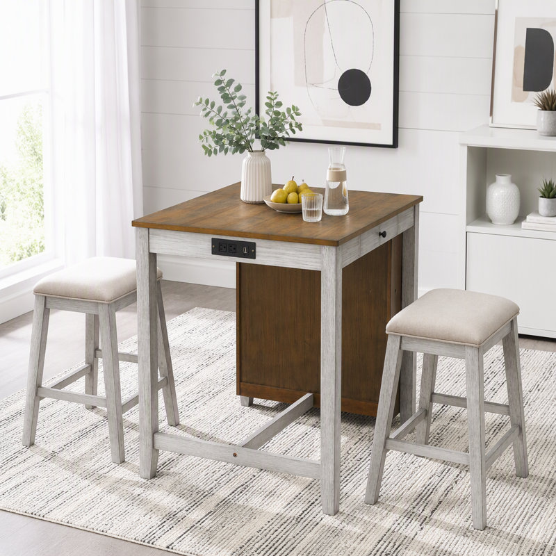 Ensemble de table de bar avec prise de courant, rangement et 2 tabourets