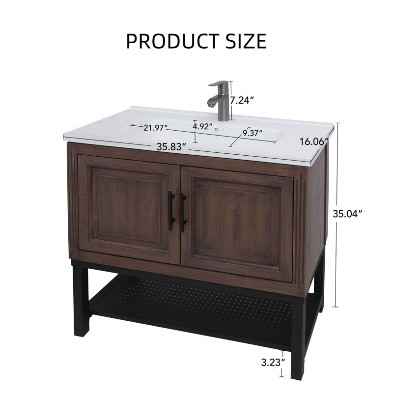 Meuble-lavabo autoportant en noyer de 36 po avec lavabo en céramique et deux portes de rangement - structure en fer, finition oxydée pour une utilisation intérieure / extérieure?