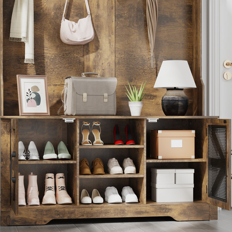 Beitske 5-in-1 Hall Tree with Storage Bench and Magnetic Doors, Retro Entryway Organizer with Coat Rack, Shoe Cubbies, Hooks & Upper Shelf for Foyer or Mudroom