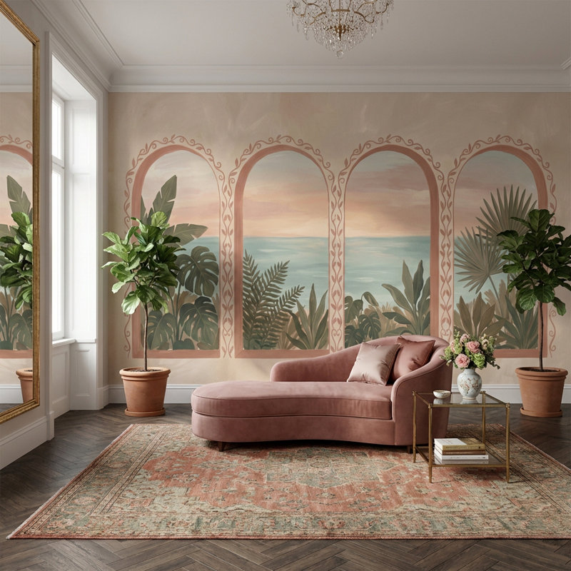 Panneau mural paysage côtier avec fenêtres arquées, Texturé non collé, 160 po x 108 po