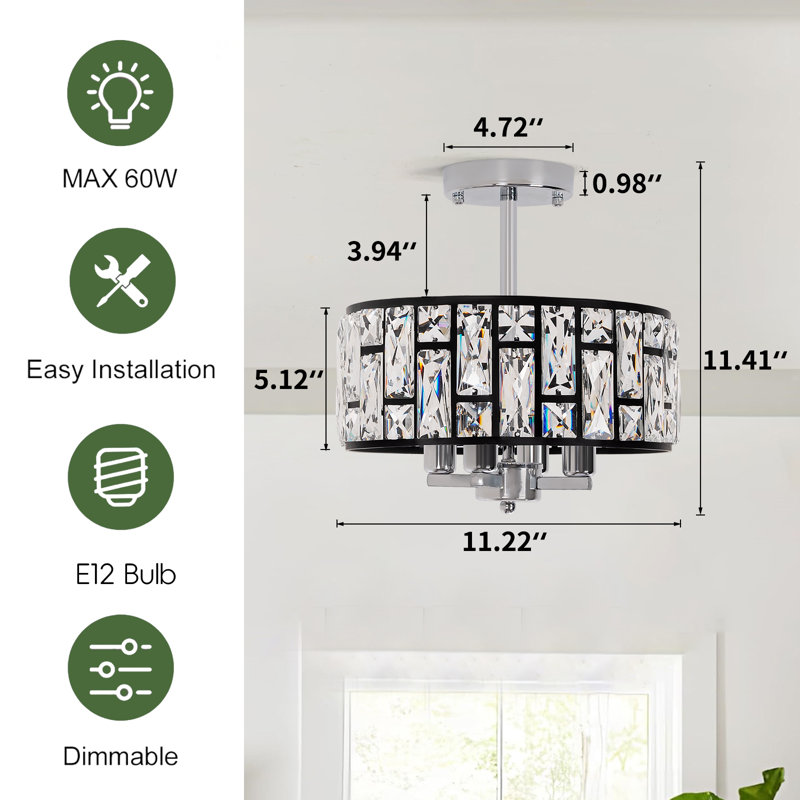 Modern 4 Light Crystal Shade Semi Flush Mount Ceiling Lighting, Black/Chrome