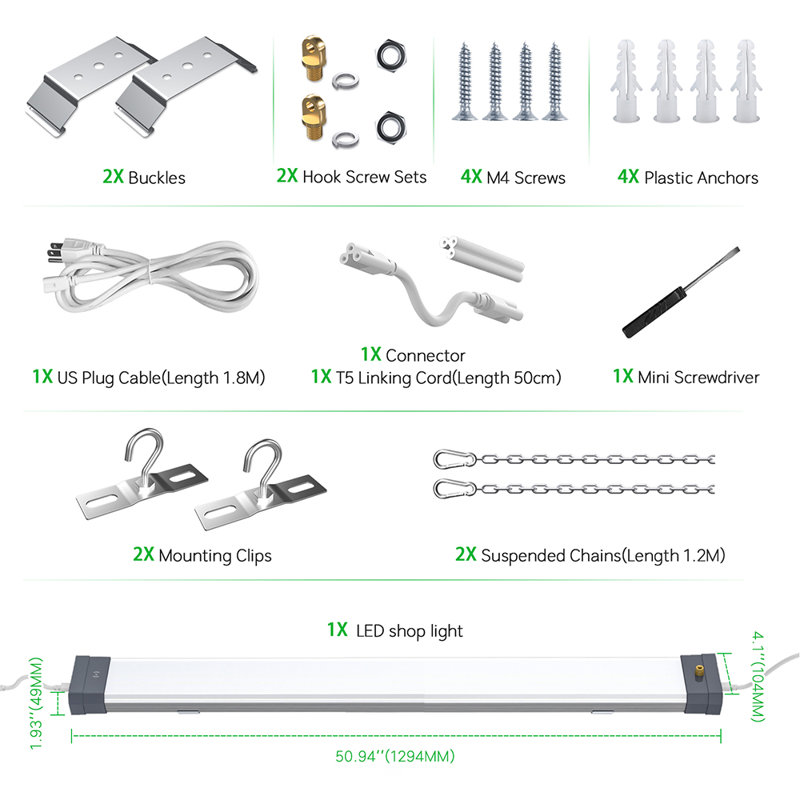Linkable LED Shop Light 100W 120V 13000LM 5000K with Plug  ON/Off Pull Chain 