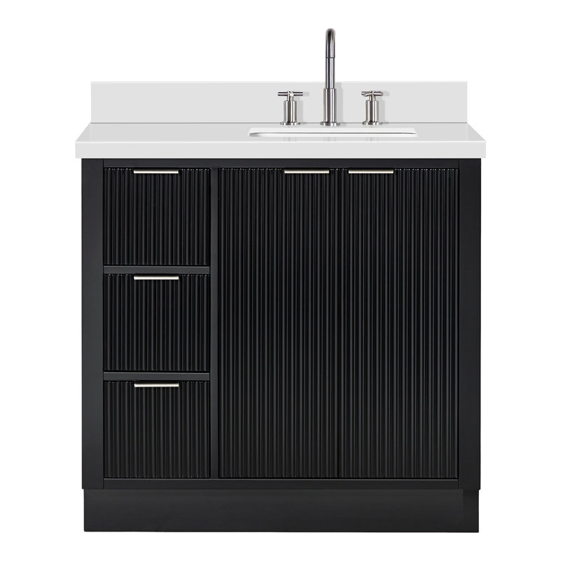 Ensemble de meuble-lavabo simple en bois massif de 36 po avec plateau en quartz blanc de 1,5 po Haun, évier droit et rectangulaire