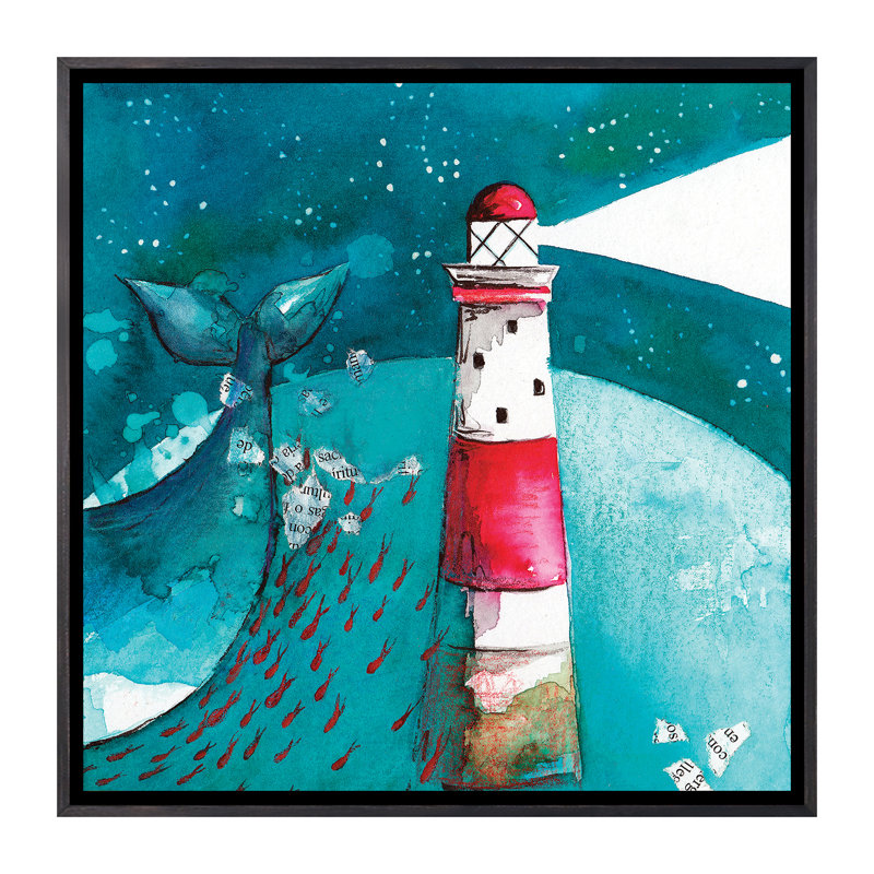 Baleine avec phare - impression, H 26 po x l 26 po x P 1,5 po, Toile avec cadre noir patiné, Pas de tapis