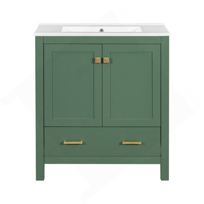Meuble-lavabo vert 30 po avec lavabo simple, meuble-lavabo sous le comptoir, armoire de rangement pour la salle de bain avec 2 portes et un tiroir, fermeture en douceur, rangement multifonctionnel, structure en bois massif