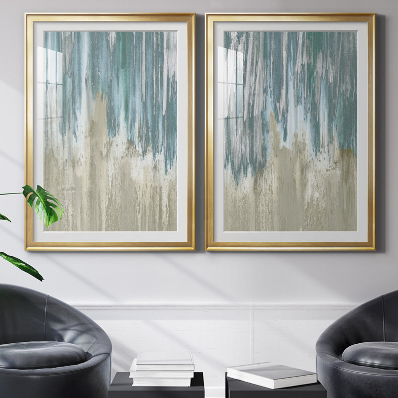 «Like a Waterfall I», ensemble de 2 reproductions, H 26,5 po x l 73 po x P 1,5 po, Papier encadré doré, Blanc