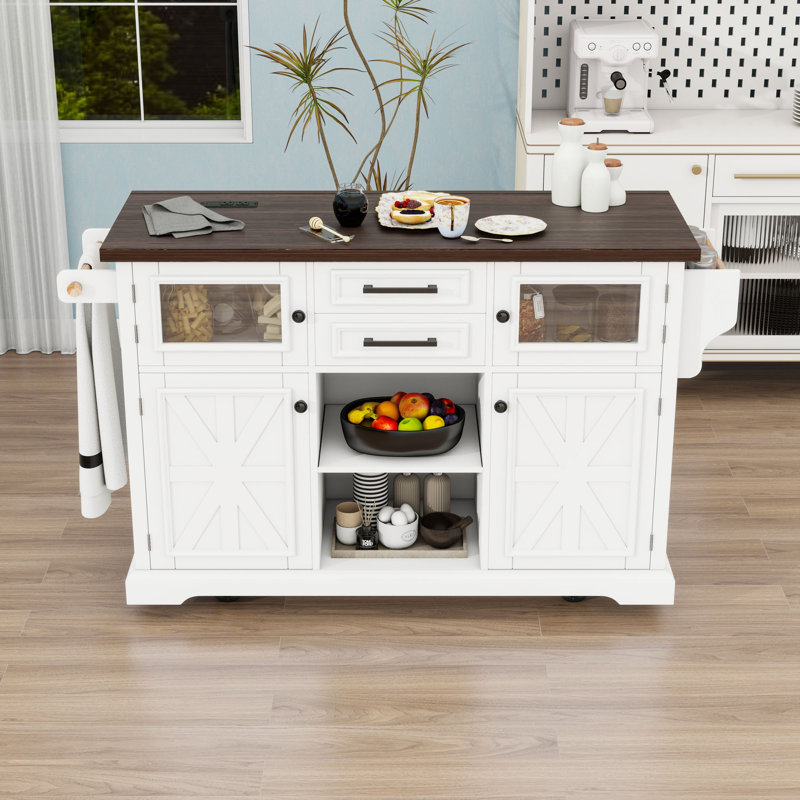 Îlot de cuisine roulant avec abattant, prises de courant, tablettes réglables et 2 tiroirs, Blanc