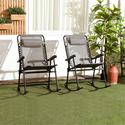 Chaise berçante d'extérieur 2 pièces - grise, chaise berçante pliante avec appui-tête pour terrasse, cour arrière à l'extérieur gris. Pliable, Patio, Cour arrière. Matériau en acier