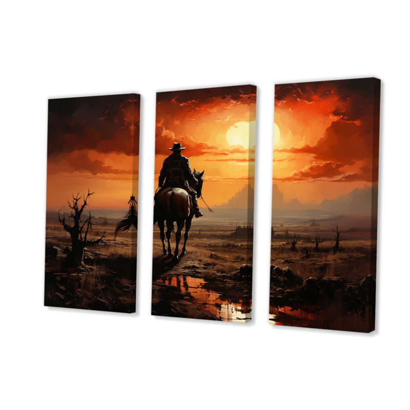 Cowboy Sunrise On The On, impression sur toile 3 pièces, H 32 po x l 48 po x P 1 po